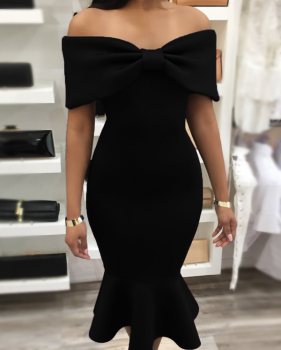  Fashion Bateau Neck Falbala Design Black Polyester Mid Calf Dress