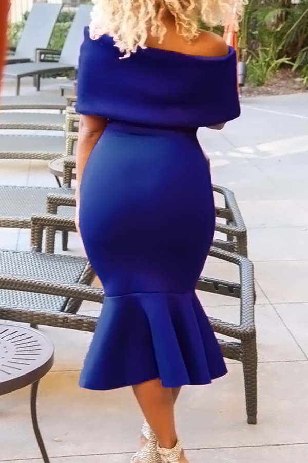  Fashion Bateau Neck Falbala Design Blue Polyester Mid Calf Dress