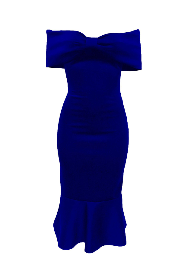  Fashion Bateau Neck Falbala Design Blue Polyester Mid Calf Dress