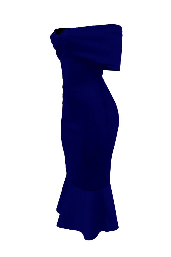  Fashion Bateau Neck Falbala Design Blue Polyester Mid Calf Dress