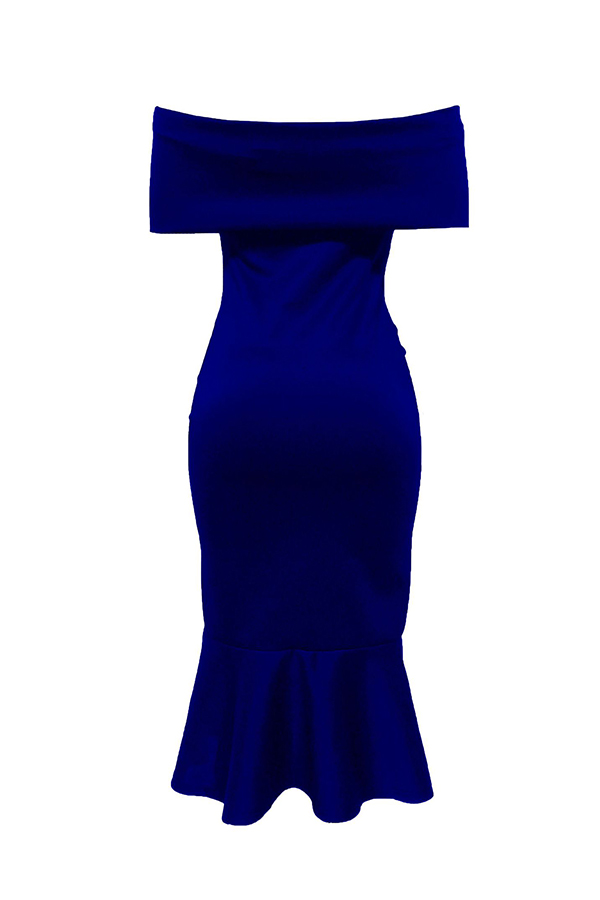  Fashion Bateau Neck Falbala Design Blue Polyester Mid Calf Dress