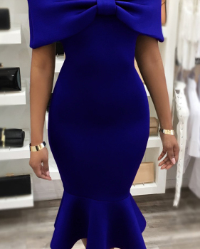  Fashion Bateau Neck Falbala Design Blue Polyester Mid Calf Dress