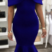  Fashion Bateau Neck Falbala Design Blue Polyester Mid Calf Dress