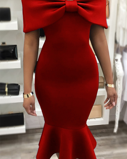 Fashion Bateau Neck Falbala Design Red Polyester Mid Calf Dress Fashion Bateau Neck Falbala Design Red Polyester Mid Calf Dress