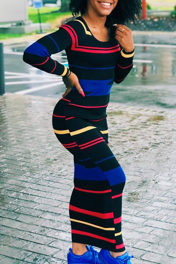  Fashion Round Neck Stripe Printed Black Polyester Ankle Length Dress