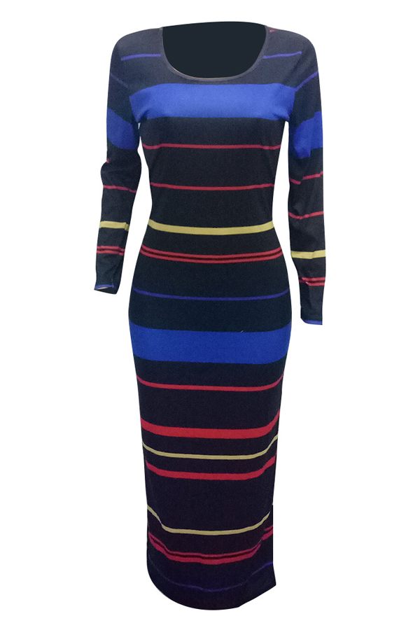  Fashion Round Neck Stripe Printed Black Polyester Ankle Length Dress