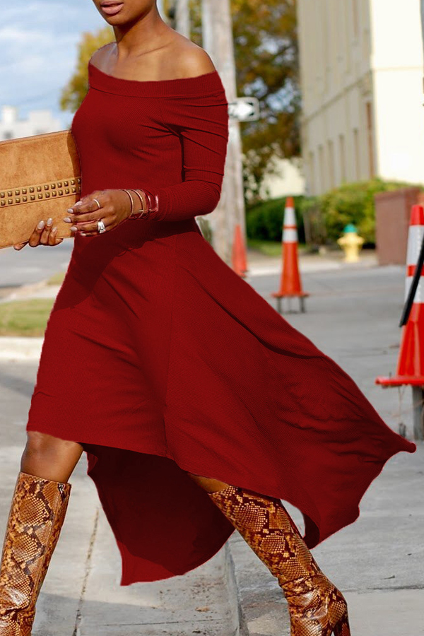  Fashionable Bateau Neck Dew Shoulder Wine Red Cotton Ankle Length Dress