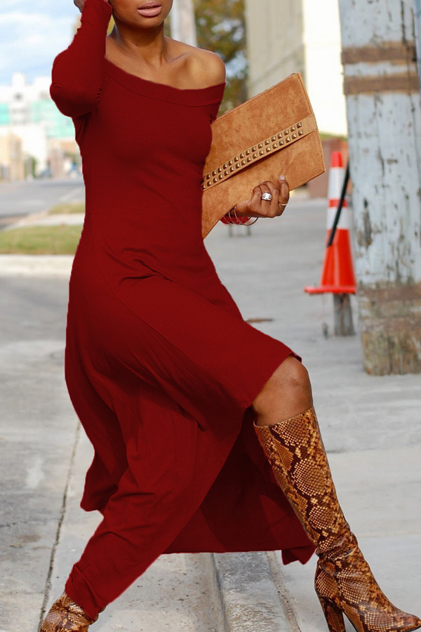  Fashionable Bateau Neck Dew Shoulder Wine Red Cotton Ankle Length Dress