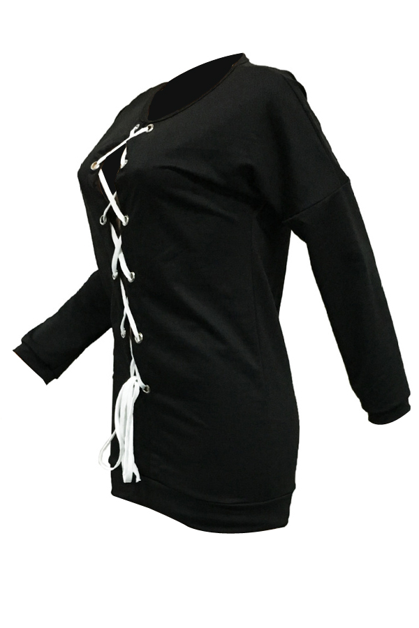 Fashionable Round Neck Lace-up Hollow-out Black Polyester Mini Dress