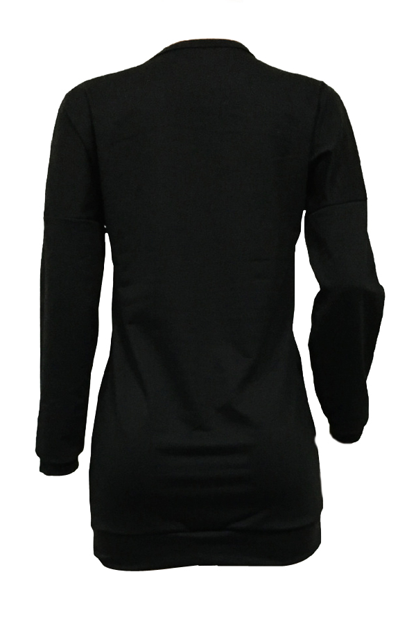  Fashionable Round Neck Lace-up Hollow-out Black Polyester Mini Dress