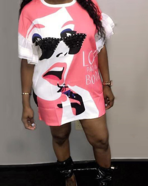 Fashionable Round Neck Printed Pink Polyester Mini Dress Fashionable Round Neck Printed Pink Polyester Mini Dress