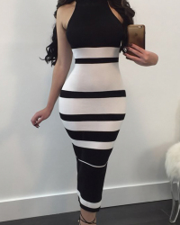  Fashionable Turtleneck Striped Patchwork  Polyester Mid Calf Dress
