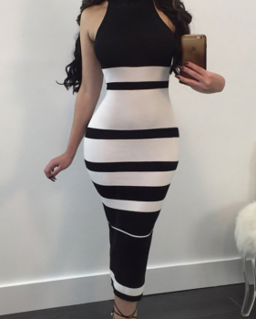  Fashionable Turtleneck Striped Patchwork  Polyester Mid Calf Dress