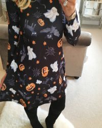  Find Halloween Printing Black Mini Dress(Non Positioning Printing)