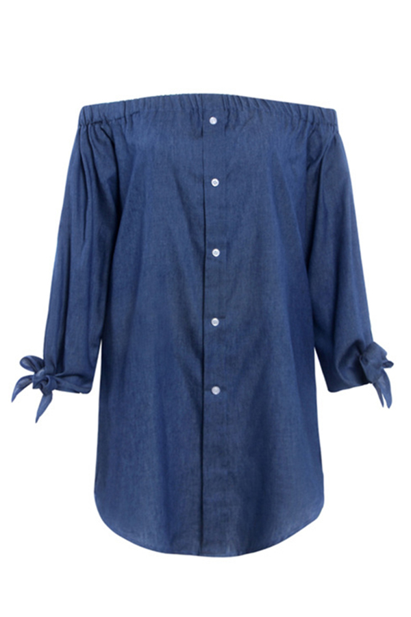  Leisure Bateau Neck Knot Design Deep Blue Denim Mini Dress