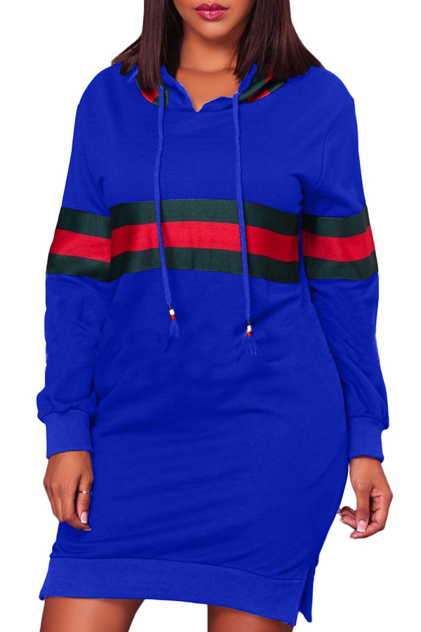  Leisure Hooded Collar Patchwork Blue Polyester Mini Dress