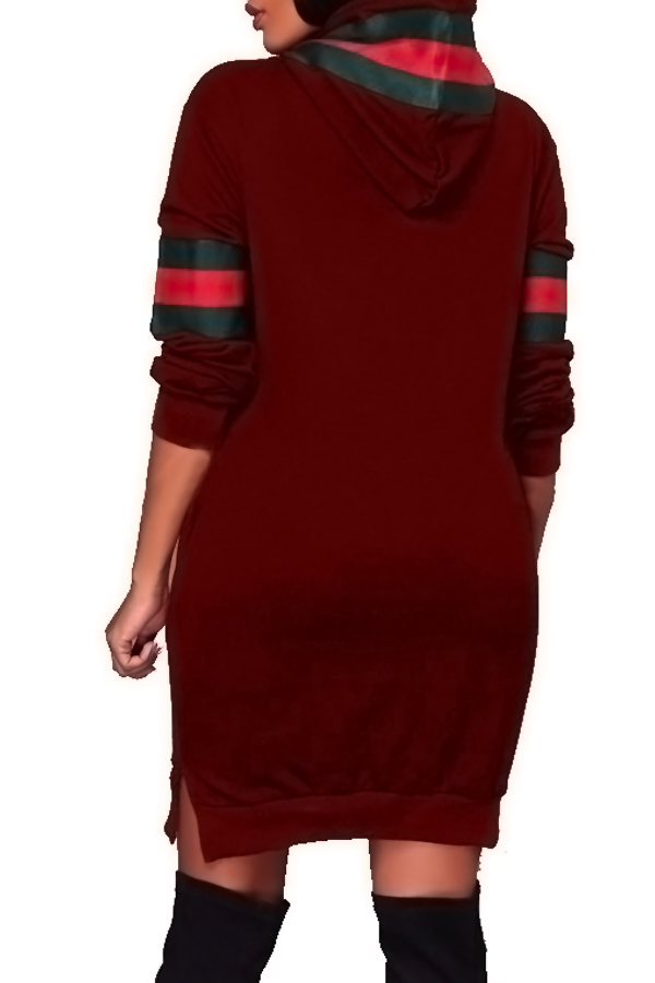  Leisure Hooded Collar Patchwork Wine Red Polyester Mini Dress
