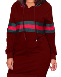  Leisure Hooded Collar Patchwork Wine Red Polyester Mini Dress