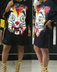  Leisure Printed Broken Holes Black Polyester Knee Length Dress