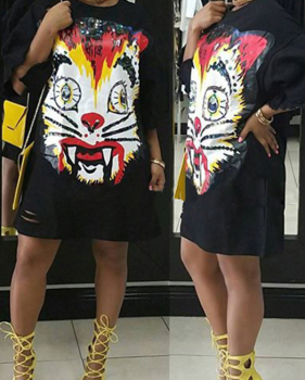  Leisure Printed Broken Holes Black Polyester Knee Length Dress