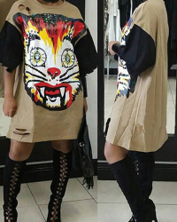  Leisure Printed Broken Holes Khaki Polyester Knee Length Dress