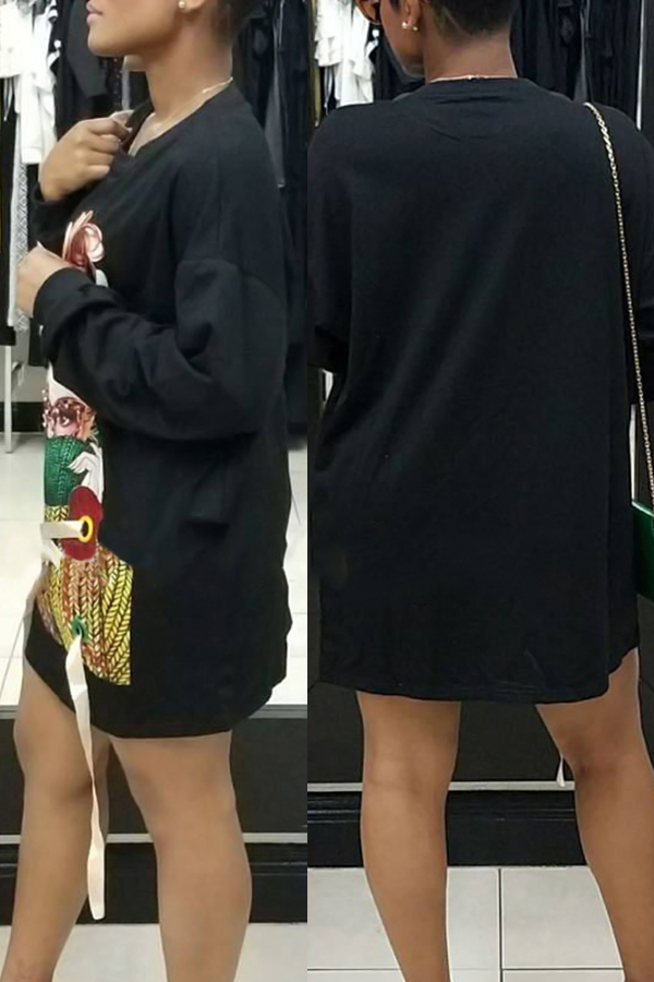  Leisure Round Neck Long Sleeves Printed Black Polyester Mini Dress