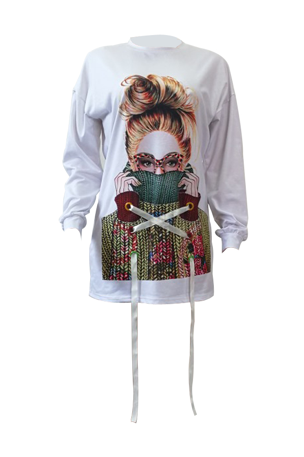  Leisure Round Neck Long Sleeves Printed White Polyester Mini Dress