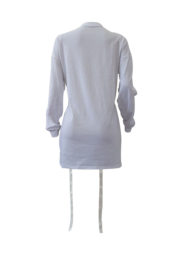  Leisure Round Neck Long Sleeves Printed White Polyester Mini Dress