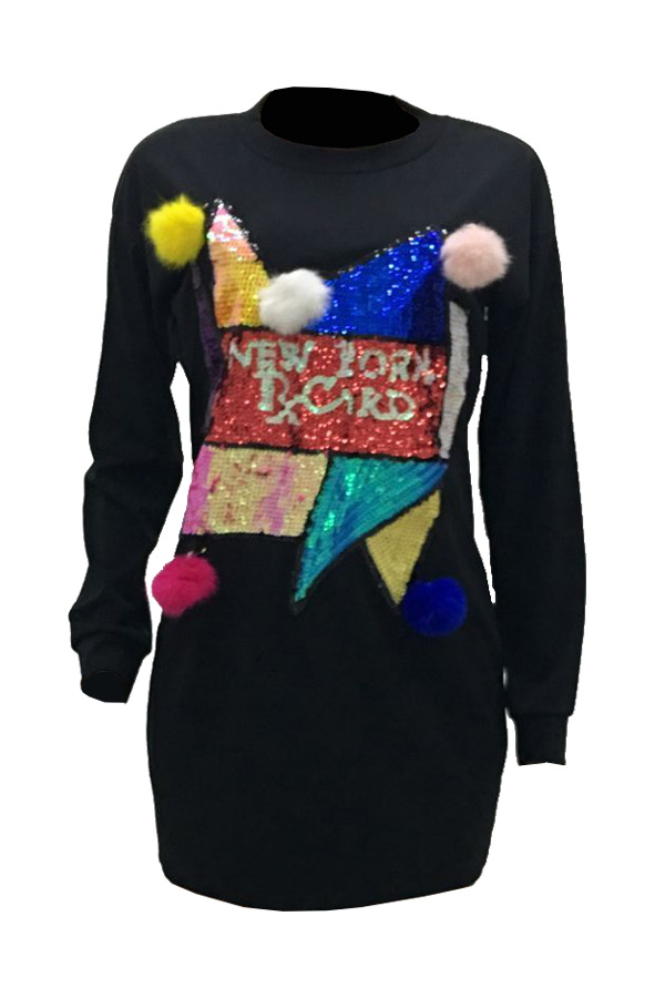  Leisure Round Neck Patchwork Black Polyester Mini Dress