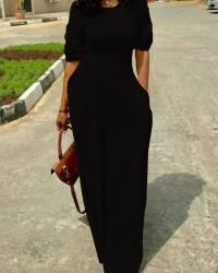  Leisure Round Neck Pocket Design Black Polyester Floor Length Dress