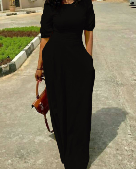  Leisure Round Neck Pocket Design Black Polyester Floor Length Dress