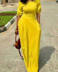  Leisure Round Neck Pocket Design Yellow Polyester Floor Length Dress