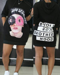 Leisure Round Neck Printed Black Cotton Blend Mini Dress Leisure Round Neck Printed Black Cotton Blend Mini Dress