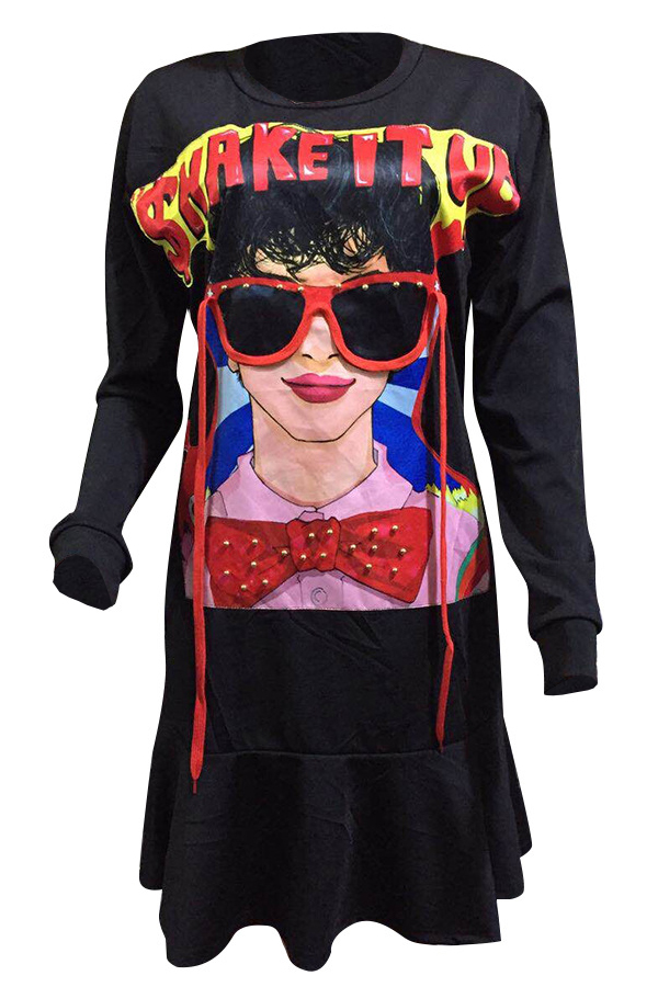  Leisure Round Neck Printed Black Polyester Knee Length Dress