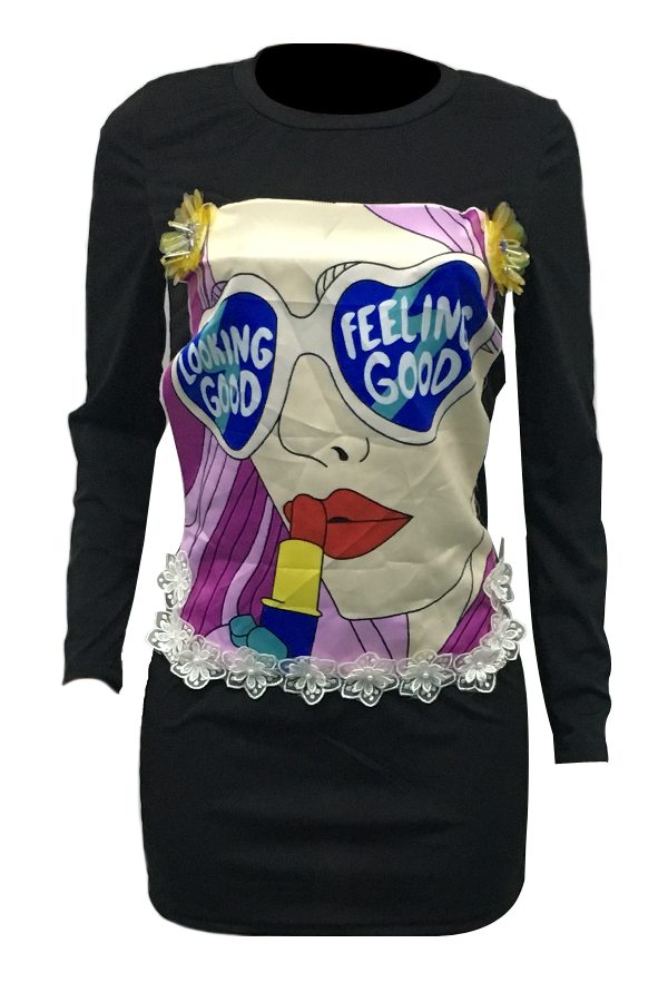  Leisure Round Neck Printed Black Polyester Sheath Mini Dress