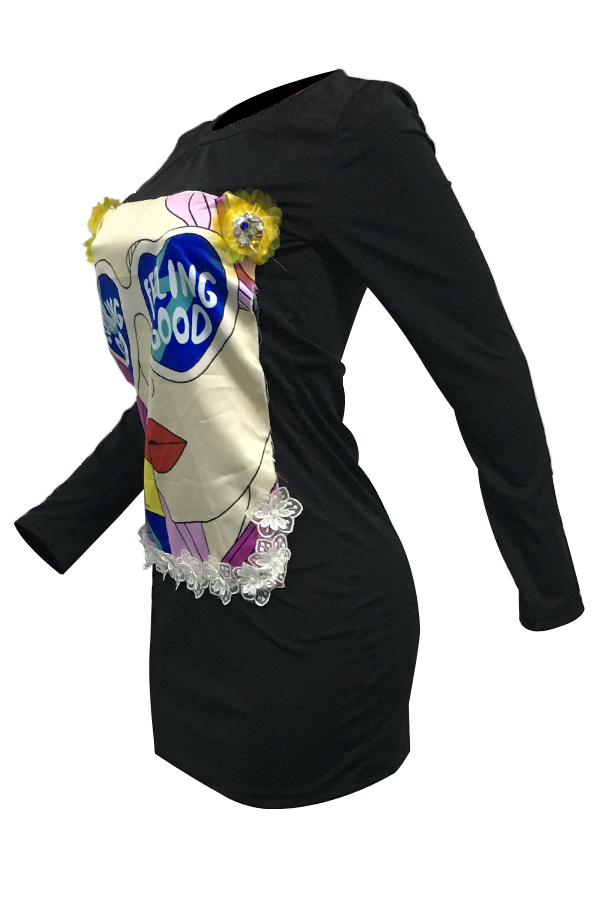  Leisure Round Neck Printed Black Polyester Sheath Mini Dress