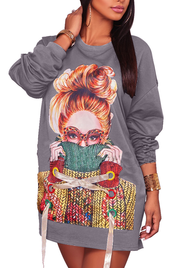  Leisure Round Neck Printed Grey Cotton Mini Dress