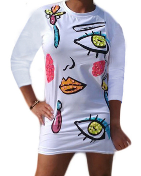  Leisure Round Neck Printed White Polyester Sheath Mini Dress