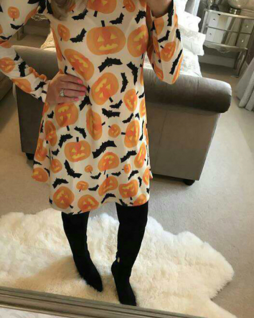 Leisure Round Neck Pumpkin Printing Milk Fiber Knee Length Dress Leisure Round Neck Pumpkin Printing Milk Fiber Knee Length Dress