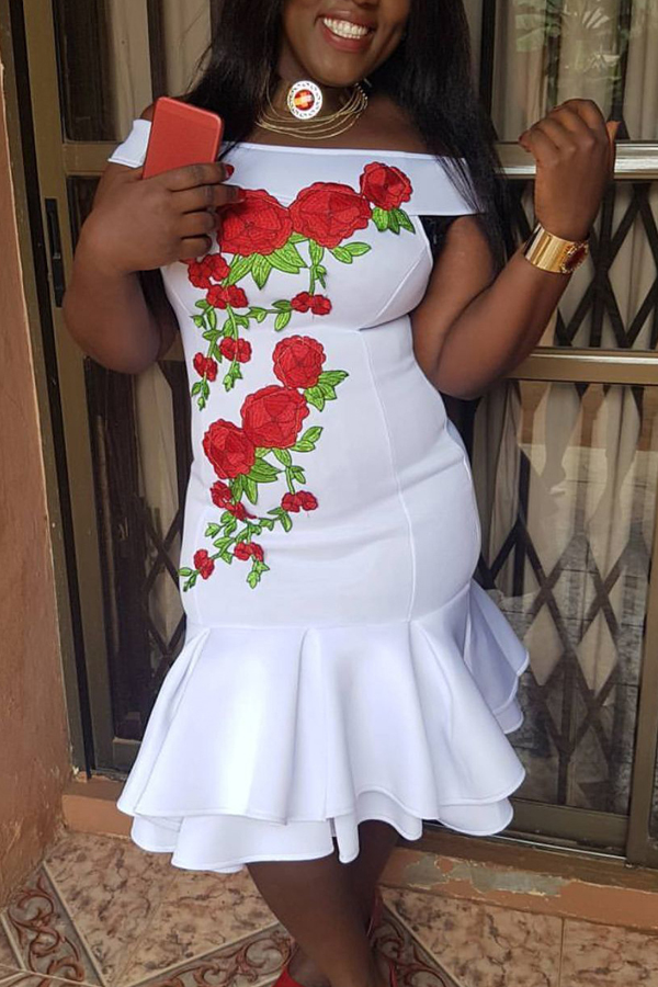  Polyester Sexy Bateau Neck Off The Shoulder Short Sleeve Mermaid Mid Calf Dresses