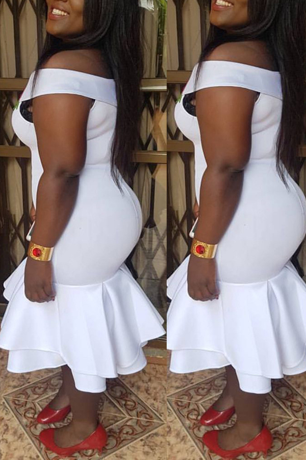  Polyester Sexy Bateau Neck Off The Shoulder Short Sleeve Mermaid Mid Calf Dresses