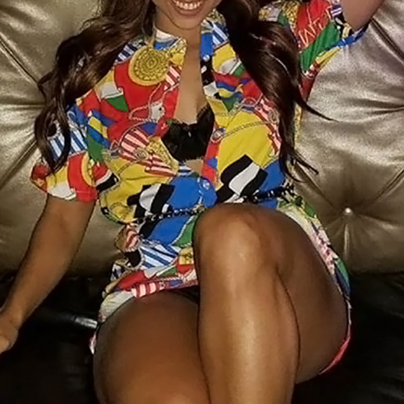  Retro Turndown Collar Non Positioning Printed Polyester Mini Shirt Dress(Without Belt)