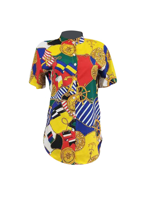  Retro Turndown Collar Non Positioning Printed Polyester Mini Shirt Dress(Without Belt)