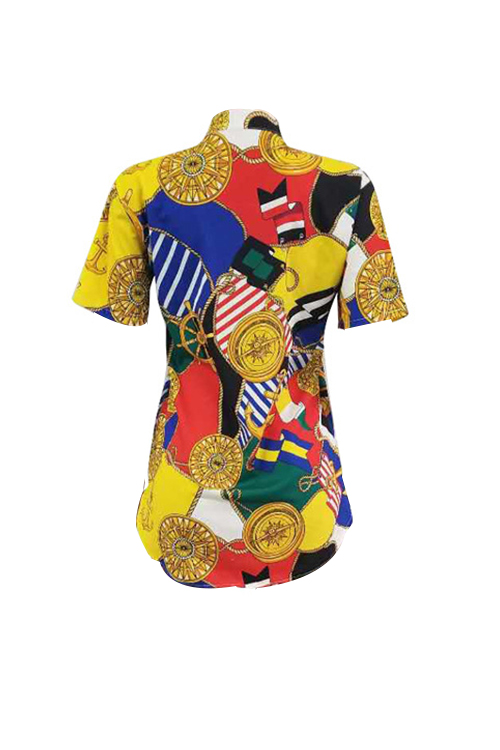  Retro Turndown Collar Non Positioning Printed Polyester Mini Shirt Dress(Without Belt)