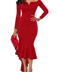 Sexy Bateau Neck Dovetail Shape Design Red Polyester Ankle Length Dress