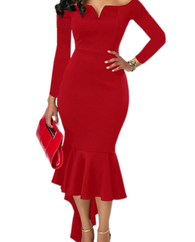  Sexy Bateau Neck Dovetail Shape Design Red Polyester Ankle Length Dress
