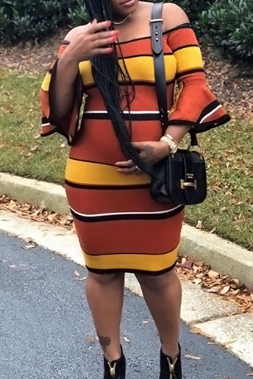  Sexy Bateau Neck Lotus Leaf Sleeves Striped Patchwork Polyester Sheath Mini Dress