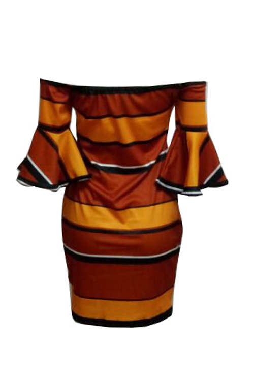  Sexy Bateau Neck Lotus Leaf Sleeves Striped Patchwork Polyester Sheath Mini Dress