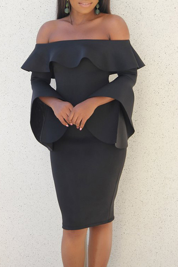  Sexy Bateau Neck Mandarin Sleeves Black Polyester Knee Length Dress