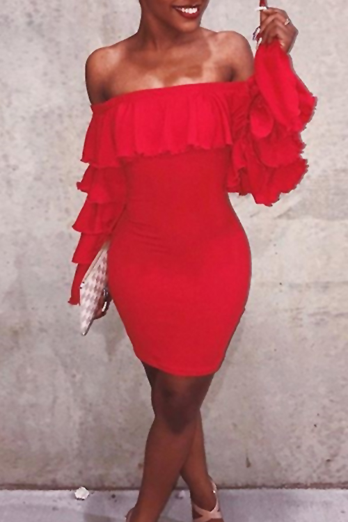  Sexy Bateau Neck Pleated Lace Red Milk Fiber Mini Dress